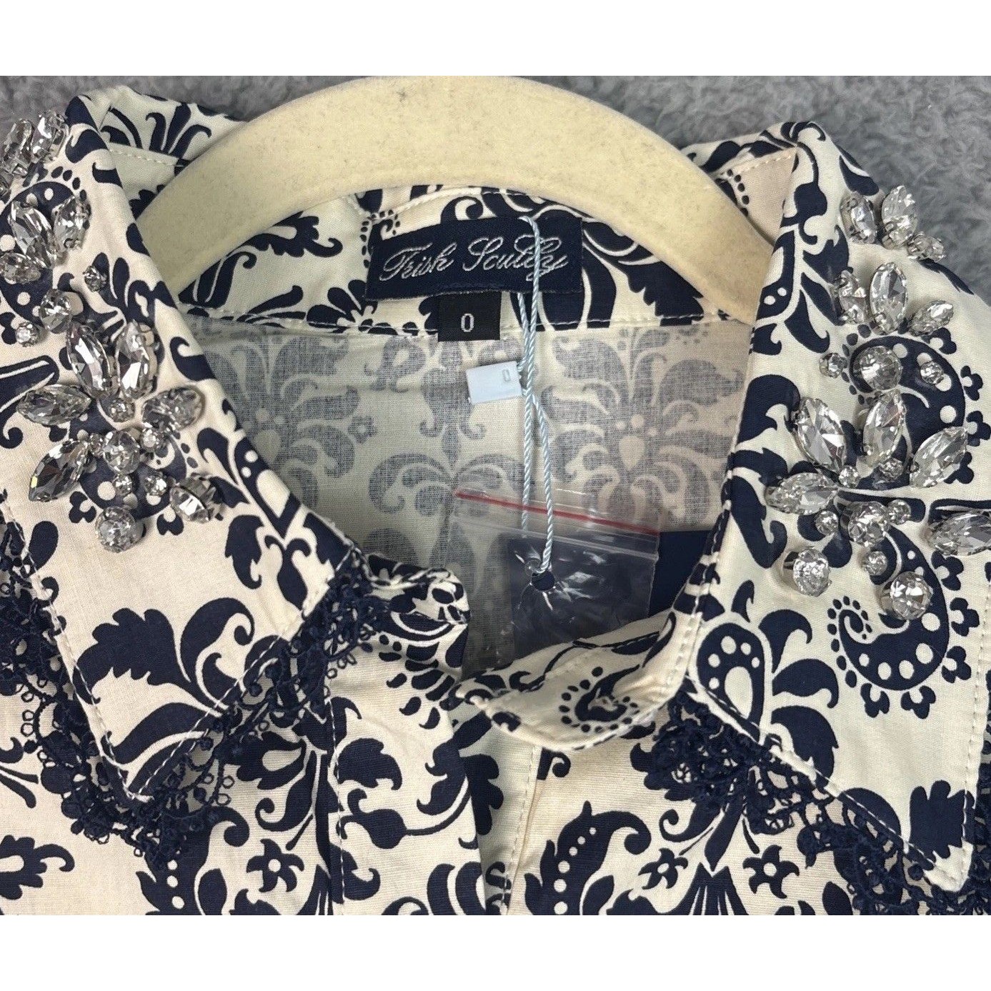 Nwt Trish Scully Constance Maxi Dress Navy Damask Size 0 Rhinestone Long Sleeve — image 5 of 8
